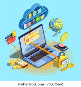 Data encryption cyber security isometric composition with network nodes cloud storage and cryptocurrency images with laptop vector illustration