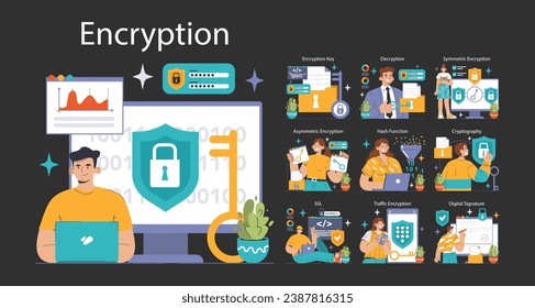 Data encryption dark or night mode set. Personal information, internet access or database protection. Cyber security and privacy. Flat vector illustration