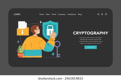 Data encryption dark or night mode web, landing. Personal information, internet access or database protection. Cyber security and privacy. Flat vector illustration