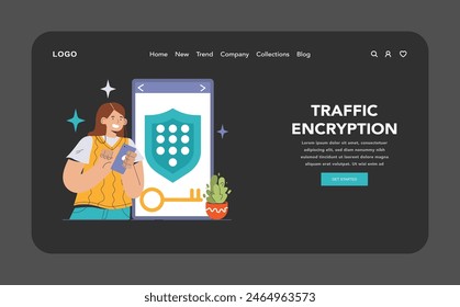 Data encryption dark or night mode web, landing. Personal information, internet access or database protection. Cyber security and privacy. Flat vector illustration