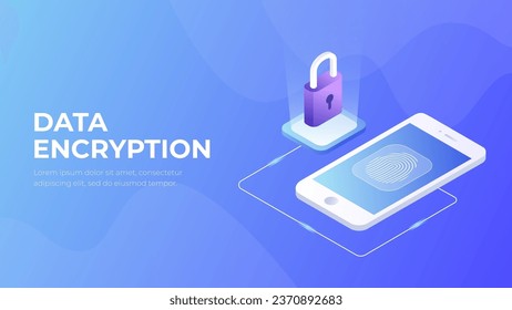 Data encryption future concept. Data protection on smartphone or mobile device. Internet security tecnology isometry. Cyber security 3d illustration.