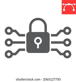 Data encryption glyph icon, padlock and protection, encryption vector icon, vector graphics, editable stroke solid sign, eps 10.