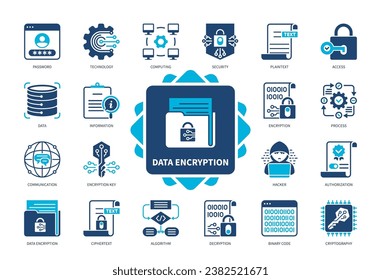 Symbol für Datenverschlüsselung festgelegt. Verschlüsselungsschlüssel, Kryptographie, Sicherheit, Algorithmus, Technologie, Informationen, Prozess, Passwort, Verschlüsselung. Duotone-Farbsymbole