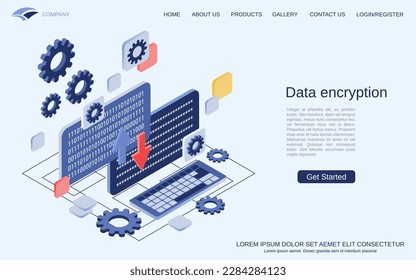 Data encryption, information protection, coding modern 3d isometric vector concept illustration. Landing page design template