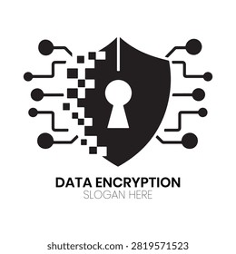 Data Encryption logo displays a central keyhole embedded inside a sturdy shield surrounded by digital pixel disintegration. This sophisticated, safety-oriented identity is excellent for data privacy firms, cryptographic software developers, cybersecurity consultants, or secure cloud platforms looking to communicate strict confidentiality, encryption mastery, and advanced technological security.