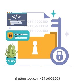 Data encryption. Personal information, internet access or database protection. Cyber security and privacy. Flat vector illustration