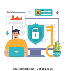 Data encryption. Personal information, internet access or database protection. Cyber security and privacy. Flat vector illustration