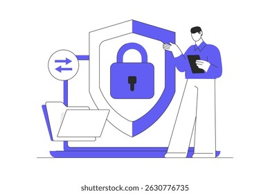 Data encryption. Secure data transfer, encryption technology, digital privacy. Flat Cartoon Vector Illustration, icon. Stylish abstract design landing page