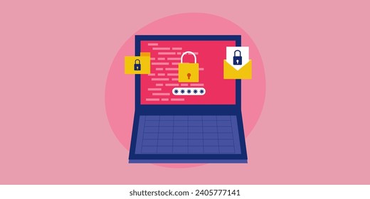 Data encryption, Data security, Cyber security, Data protected by password access, safeguard digital information - vector illustration with icons