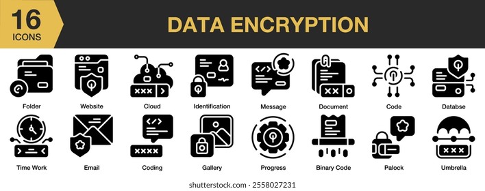 Data Encryption solid icon set. Includes message, code, database, gallery, progress, binary code, and More. Solid icons vector collection.