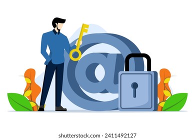 data encryption technology concept, businessman standing with strong padlock security on email symbol. security system to defend against cyber attacks, spam or data leaks, email security protection.