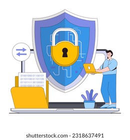 Data encryption vector illustration concept with characters. Secure data transfer, encryption technology, digital privacy. Modern flat style for landing page, web banner, infographics, hero images