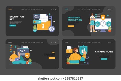 Data encryption web or landing set. Personal information, internet access or database protection. Cyber security and privacy. Flat vector illustration