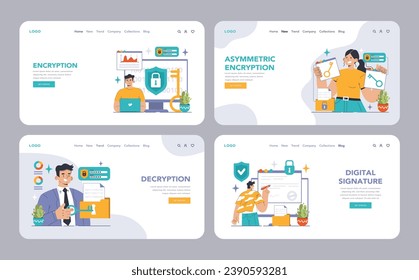 Data encryption web or landing set. Personal information, internet access or database protection. Cyber security and privacy. Flat vector illustration