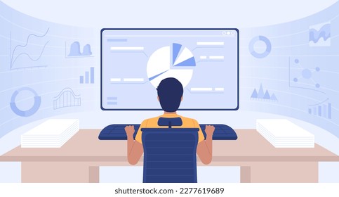 Ingeniero de datos en la computación de gráficos de pantalla plana de color. Optimización de la infraestructura de datos. Imagen de héroe. Caracteres de dibujos animados sencillos en 2D totalmente editables con un monitor de ordenador grande en segundo plano