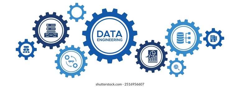 Conceito de vetor de banner de engenharia de dados com ícones para Data Lakes, pré-processamento, classificação, gerenciamento de banco de dados e análise estatística