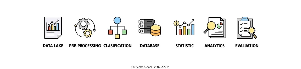 Data engineering banner web icon set vector illustration concept with icon of data lake, pre-processing, classification, database, statistics, analytics and evaluation icons perfect symbol background 