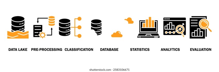 Data engineering banner web icon vector illustration concept with icon of data lake, pre-processing, classification, database, statistics, analytics and evaluation