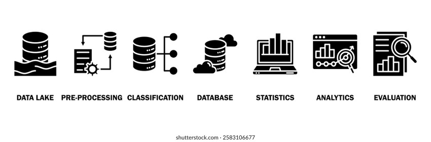 Data engineering banner web icon vector illustration concept with icon of data lake, pre-processing, classification, database, statistics, analytics and evaluation