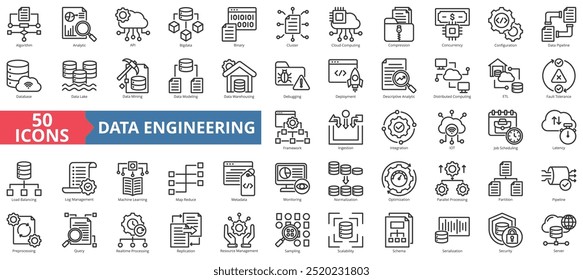 Conjunto de coleta de ícones da Engenharia de Dados. Contendo algoritmo, analítico, api, big data, binário, cluster, computação em nuvem e ícone de compactação. Ilustração de vetor de linha simples.