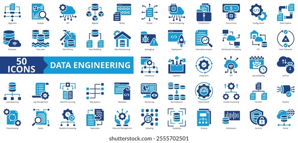 Data engineering icon collection set. Containing algorithm, analytic, api, big data, binary, cluster, cloud computing, and compression icon. Simple flat vector illustration.