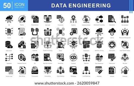 Data Engineering icon set featuring icons for data processing, pipelines, cloud computing, machine learning, and big data management. Ideal for IT, analytics, and database infrastructure projects.