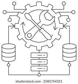 Data Engineering icon. Simple outline monochrome black vector pictogram with thin lines on a transparent background. Line thickness is editable