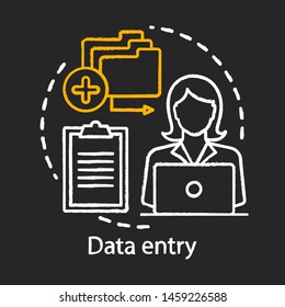 Data entry chalk icon. Typist, transcriber, clerk. Entering information into computer system. Part-time employment, freelance. Secretary, personal assistant. Isolated vector chalkboard illustration