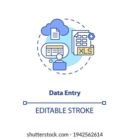 Data entry concept icon. Information manual input to document. Employee at computer. Virtual assistant job idea thin line illustration. Vector isolated outline RGB color drawing. Editable stroke