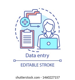 Data entry concept icon. Typist, transcriber, clerk idea thin line illustration. Part-time employment, freelance. Secretary, personal assistant. Vector isolated outline drawing. Editable stroke