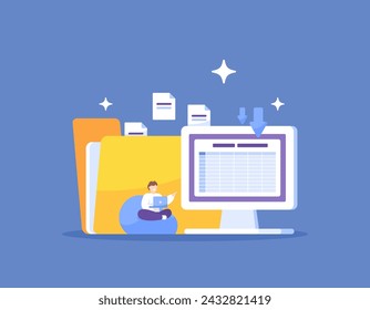 data entry concept. input data into a table on the computer. organizing data in a database. data digitization process. transfer of document files. illustration concept design. graphic elements. vector