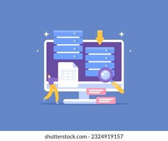 Data entry or Database Administrator. Enter and update data into the database. Stores and manages company data. design, inspect, maintain, and repair databases. illustration concept design. vector