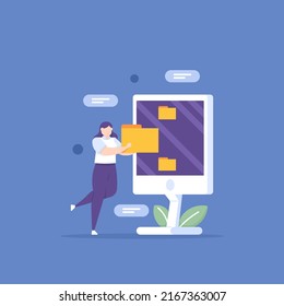 data entry, document and file manager, secretarial staff or administrator. A worker enters data into a computer. data folder management. concept illustration design. for posters, landing pages