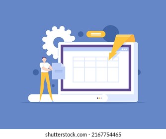 data entry, document and file manager, secretary or administrator. A staff or worker enters data into a laptop. enterprise data management. concept illustration design. for posters, landing pages