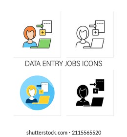 Data Entry Jobs Icons Set.Handle Different Types Of Electronic Data.Enter Information Into A Database.Collection Of Icons In Linear, Filled, Color Styles.Isolated Vector Illustrations