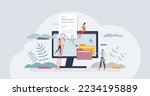 Data entry jobs with information writing to digital files tiny person concept. Database digitization from paper to computer vector illustration. Freelance clerk occupation with text upload tasks.