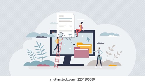 Data entry jobs with information writing to digital files tiny person concept. Database digitization from paper to computer vector illustration. Freelance clerk occupation with text upload tasks.