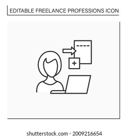 Data Entry Jobs Line Icon.Handle Different Types Of Electronic Data And Operating Devices.Enter Information Into A Database.Freelance Professions Concept. Isolated Vector Illustration. Editable Stroke