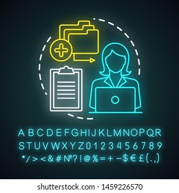 Data entry neon light icon.Typist, transcriber, clerk. Part-time employment, freelance. Secretary, personal assistant. Glowing sign with alphabet, numbers and symbols. Vector isolated illustration