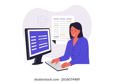 Data Entry Operator Working on Computer. Illustrations for websites, landing pages, mobile apps, posters and banners