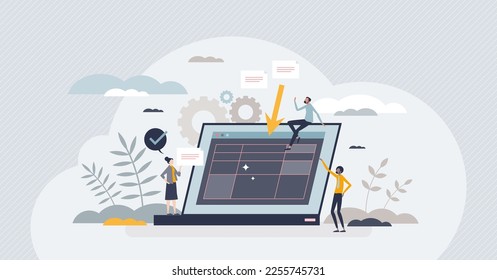 Software de entrada de datos para el concepto de persona diminuta de automatización de carga de información. Tecnología web con tecnología AI para la ilustración vectorial del sistema de administración de archivos info. Entrada de texto de inteligencia artificial.