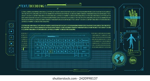 Data entry and text decoding on futuristic interface screen.