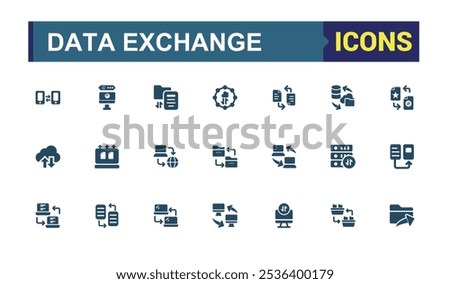 Data Exchange and Analytics solid web icon set. Icons set with database, data exchange, cloud data, data analytics and more. Filled icon collections. Editable vector illustration.