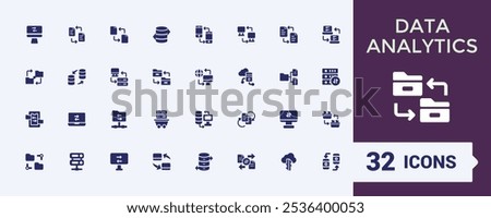 Data Exchange and Analytics vector solid icon set. Includes flat solid database, analytics dashboard, growth, add database, analytics and more. Simple web icons. Vector illustration.