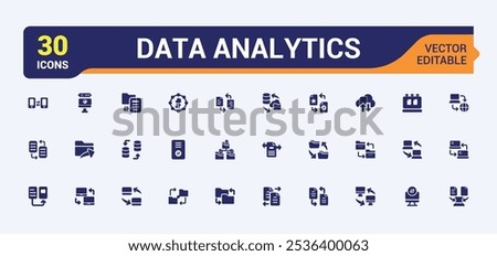 Data Exchange and Analytics vector solid icon set. Includes flat solid database, analytics dashboard, growth, add database, analytics and more. Simple web icons. Vector illustration.