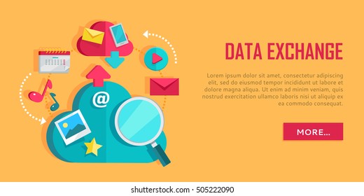 Data exchange banner. Networking communication and data icons on yellow background. Data protection, global storage and online cloud storage, media content, online communication, cloud computing.