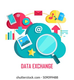 Data exchange banner. Networking communication and data icons on white background. Data protection, global storage and online cloud storage, media content, online communication, cloud computing.