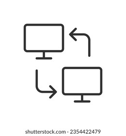 Data exchange between devices, linear icon. Computers and arrows around. Line with editable stroke