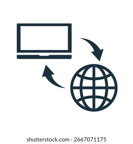 Data exchange between laptop and globe symbolizing global communication, internet connectivity, and worldwide data transfer
