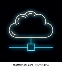 Data exchange cloud icon glow neon style, remote info storage, database computer information outline flat vector illustration, isolated on white. Concept modern web server tool security technology.